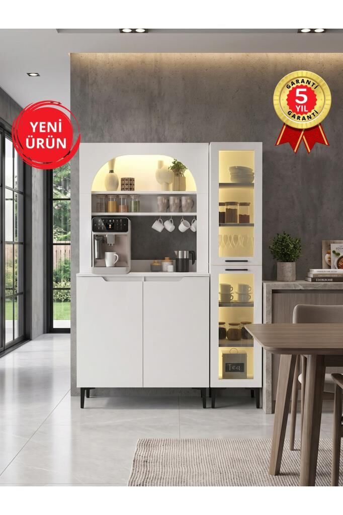 4 Kapaklı Led Işıklı Kahve Köşesi, 12 Raflı Çok Amaçlı Dolap, Temperli Cam Kapaklı Mutfak Kiler Dolabı Beyaz 125 cm | Hiera & Melinta2KPK