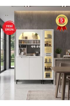 4 Kapaklı Led Işıklı Kahve Köşesi, 12 Raflı Çok Amaçlı Dolap, Temperli Cam Kapaklı Mutfak Kiler Dolabı Beyaz 125 cm | Hiera & Melinta2KPK