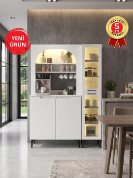 4 Kapaklı Led Işıklı Kahve Köşesi, 12 Raflı Çok Amaçlı Dolap, Temperli Cam Kapaklı Mutfak Kiler Dolabı Beyaz 125 cm | Hiera & Melinta2KPK