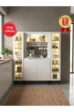 6 Kapaklı Led Işıklı Kahve Köşesi, 18 Raflı Çok Amaçlı Dolap, Temperli Cam Kapaklı Mutfak Kiler Dolabı Beyaz 160 cm | Melinta2KPK & 2*Hiera