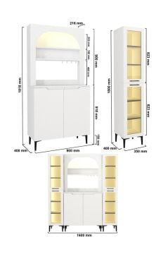 6 Kapaklı Led Işıklı Kahve Köşesi, 18 Raflı Çok Amaçlı Dolap, Temperli Cam Kapaklı Mutfak Kiler Dolabı Beyaz 160 cm | Melinta2KPK & 2*Hiera