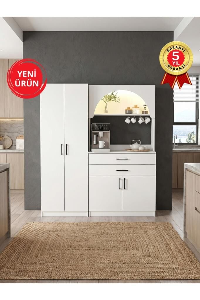4 Kapaklı 2 Çekmeceli Led Işıklı Kahve Köşesi, 8 Raflı Çok Amaçlı Dolap ve Kiler Dolabı Beyaz 154 cm | Sardes & Tuco