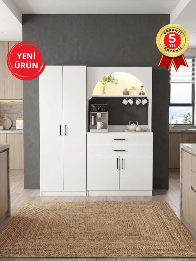 4 Kapaklı 2 Çekmeceli Led Işıklı Kahve Köşesi, 8 Raflı Çok Amaçlı Dolap ve Kiler Dolabı Beyaz 154 cm | Sardes & Tuco