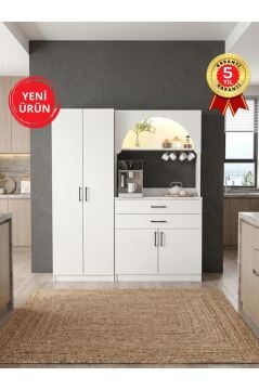 4 Kapaklı 2 Çekmeceli Led Işıklı Kahve Köşesi, 8 Raflı Çok Amaçlı Dolap ve Kiler Dolabı Beyaz 154 cm | Sardes & Tuco