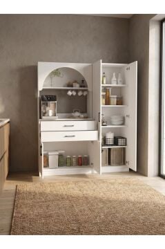 4 Kapaklı 2 Çekmeceli Led Işıklı Kahve Köşesi, 8 Raflı Çok Amaçlı Dolap ve Kiler Dolabı Beyaz 154 cm | Sardes & Tuco