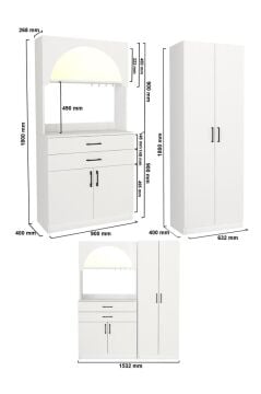 4 Kapaklı 2 Çekmeceli Led Işıklı Kahve Köşesi, 8 Raflı Çok Amaçlı Dolap ve Kiler Dolabı Beyaz 154 cm | Sardes & Tuco