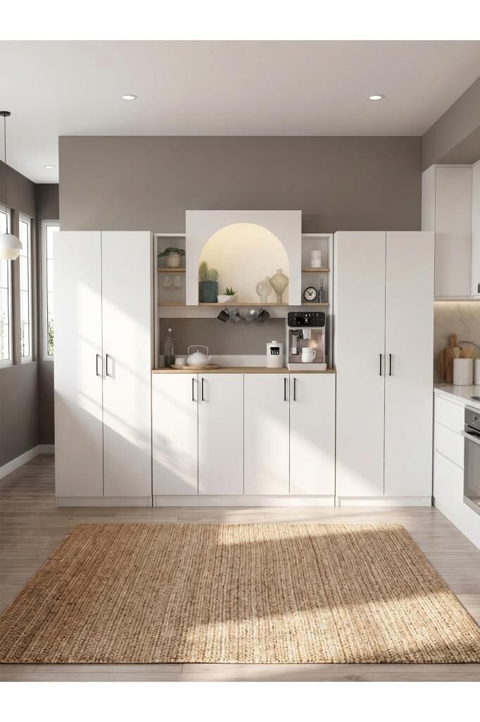 8 Kapaklı Led Işıklı Kahve Köşesi, 20 Raflı Kiler Dolabı ve Çok Amaçlı Dolap Beyaz-Sepet 247 cm | Afrodis & 2*Tuco