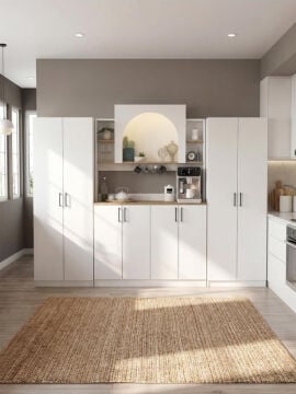 8 Kapaklı Led Işıklı Kahve Köşesi, 20 Raflı Kiler Dolabı ve Çok Amaçlı Dolap Beyaz-Sepet 247 cm | Afrodis & 2*Tuco