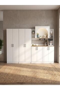 8 Kapaklı Led Işıklı Kahve Köşesi, 20 Raflı Kiler Dolabı ve Çok Amaçlı Dolap Beyaz-Sepet 247 cm | Afrodis & 2*Tuco