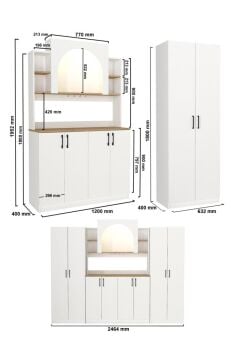 8 Kapaklı Led Işıklı Kahve Köşesi, 20 Raflı Kiler Dolabı ve Çok Amaçlı Dolap Beyaz-Sepet 247 cm | Afrodis & 2*Tuco