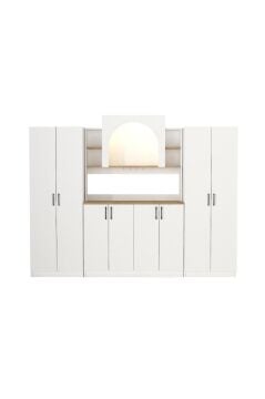8 Kapaklı Led Işıklı Kahve Köşesi, 20 Raflı Kiler Dolabı ve Çok Amaçlı Dolap Beyaz-Sepet 247 cm | Afrodis & 2*Tuco