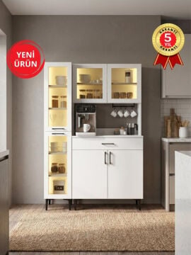 Temperli Cam Kapaklı Led Işıklı Kahve Köşesi, 6 Kapaklı ve Çekmeceli 10 Raflı Mutfak Kiler Dolabı, Çok Amaçlı Dolap Beyaz 125 cm | Prien & Hiera