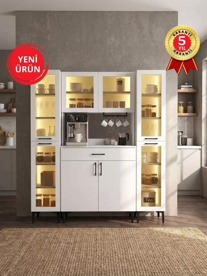 Temperli Cam Kapaklı Led Işıklı Kahve Köşesi, 8 Kapaklı ve Çekmeceli 16 Raflı Mutfak Kiler Dolabı, Çok Amaçlı Dolap Beyaz 160 cm | Prien & 2*Hiera