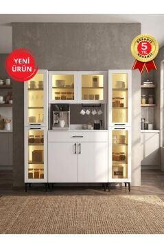 Temperli Cam Kapaklı Led Işıklı Kahve Köşesi, 8 Kapaklı ve Çekmeceli 16 Raflı Mutfak Kiler Dolabı, Çok Amaçlı Dolap Beyaz 160 cm | Prien & 2*Hiera