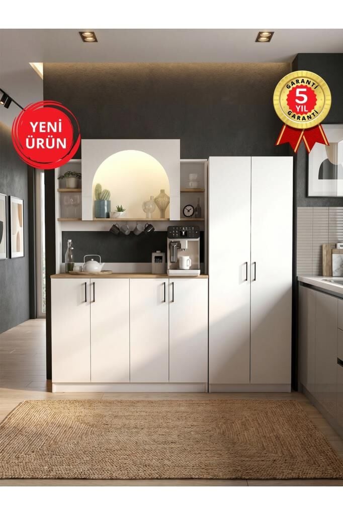 6 Kapaklı Led Işıklı Kahve Köşesi, 15 Raflı Kiler Dolabı ve Çok Amaçlı Dolap Beyaz-Sepet 184 cm | Afrodis & Tuco