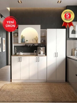 6 Kapaklı Led Işıklı Kahve Köşesi, 15 Raflı Kiler Dolabı ve Çok Amaçlı Dolap Beyaz-Sepet 184 cm | Afrodis & Tuco