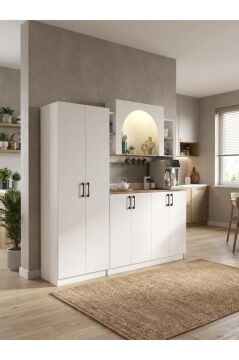 6 Kapaklı Led Işıklı Kahve Köşesi, 15 Raflı Kiler Dolabı ve Çok Amaçlı Dolap Beyaz-Sepet 184 cm | Afrodis & Tuco