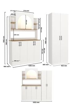 6 Kapaklı Led Işıklı Kahve Köşesi, 15 Raflı Kiler Dolabı ve Çok Amaçlı Dolap Beyaz-Sepet 184 cm | Afrodis & Tuco