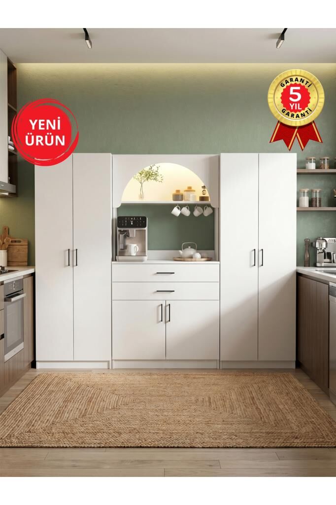6 Kapaklı 2 Çekmeceli Led Işıklı Kahve Köşesi, 13 Raflı Çok Amaçlı Dolap ve Kiler Dolabı Beyaz 217 cm | Sardes & 2*Tuco