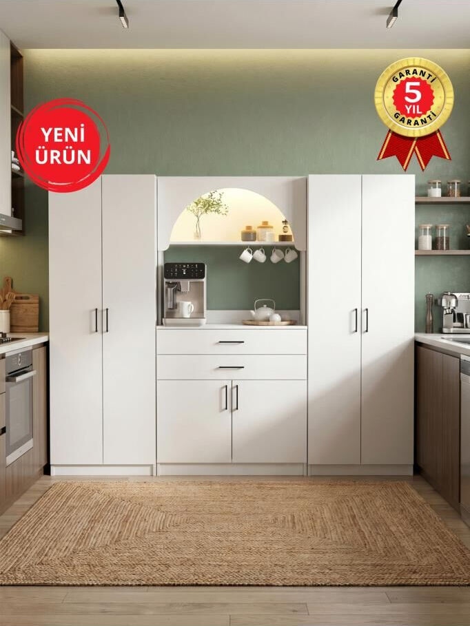 6 Kapaklı 2 Çekmeceli Led Işıklı Kahve Köşesi, 13 Raflı Çok Amaçlı Dolap ve Kiler Dolabı Beyaz 217 cm | Sardes & 2*Tuco