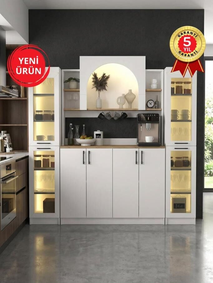 4 Kapaklı Led Işıklı Kahve Köşesi, Temperli Cam Kapaklı Çok Amaçlı Dolap, Airfry Kiler Dolabı | Afrodis & 2*Didima