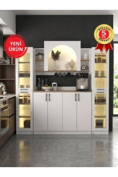 8 Kapaklı Led Işıklı Kahve Köşesi, Temperli Cam Kapaklı Çok Amaçlı Dolap, Airfry Kiler Dolabı | Afrodis & 2*Didima