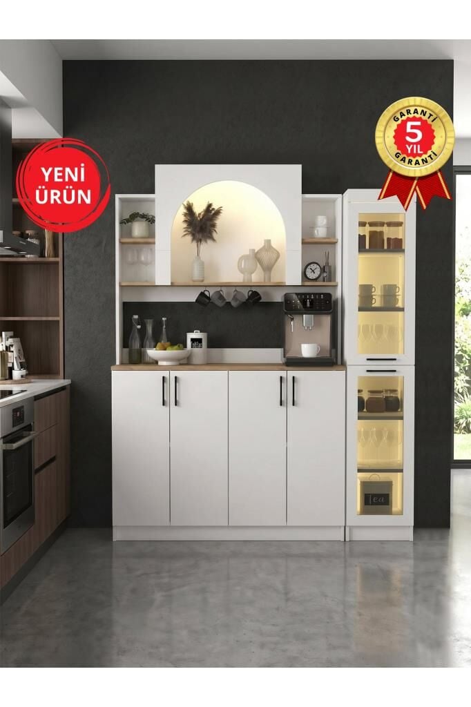 4 Kapaklı Led Işıklı Kahve Köşesi, Temperli Cam Kapaklı Çok Amaçlı Dolap, Airfry Kiler Dolabı | Afrodis & Didima