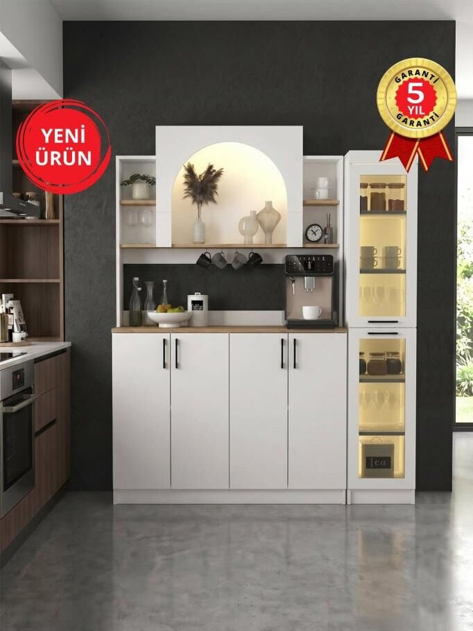 4 Kapaklı Led Işıklı Kahve Köşesi, Temperli Cam Kapaklı Çok Amaçlı Dolap, Airfry Kiler Dolabı | Afrodis & Didima