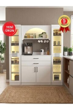 Led Işıklı Temperli Cam Kapaklı Kahve Köşesi – Çekmeceli Çok Amaçlı Mutfak ve Kiler Dolabı Beyaz | Sardes & 2*Didima