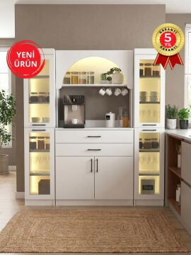 Led Işıklı Temperli Cam Kapaklı Kahve Köşesi – Çekmeceli Çok Amaçlı Mutfak ve Kiler Dolabı Beyaz | Sardes & 2*Didima