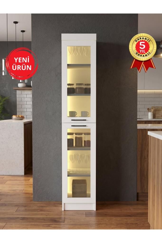 Temperli Cam Kapaklı Led Işıklı Kahve Köşesi, Kiler Dolabı Çok Amaçlı Dolap Beyaz | Didima