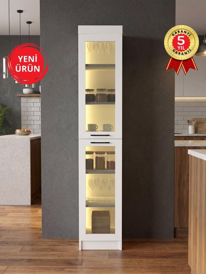 Temperli Cam Kapaklı Led Işıklı Kahve Köşesi, Kiler Dolabı Çok Amaçlı Dolap Beyaz | Didima