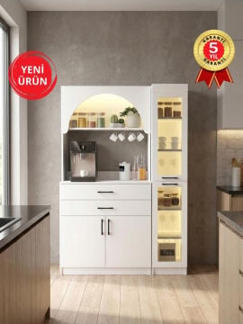 Led Işıklı Temperli Cam Kapaklı Kahve Köşesi – Çekmeceli Çok Amaçlı Mutfak ve Kiler Dolabı Beyaz | Sardes & Didima