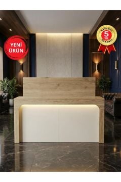 LED'li Karşılama Bankosu 150 cm Ofis Kasa Resepsiyon Masası, Çekmeceli Banko Sepet - Kumtaşı | Apollon