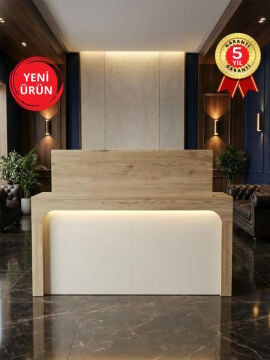 LED'li Karşılama Bankosu 150 cm Ofis Kasa Resepsiyon Masası, Çekmeceli Banko Sepet - Kumtaşı | Apollon
