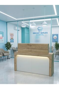 LED'li Karşılama Bankosu 150 cm Ofis Kasa Resepsiyon Masası, Çekmeceli Banko Sepet - Kumtaşı | Apollon