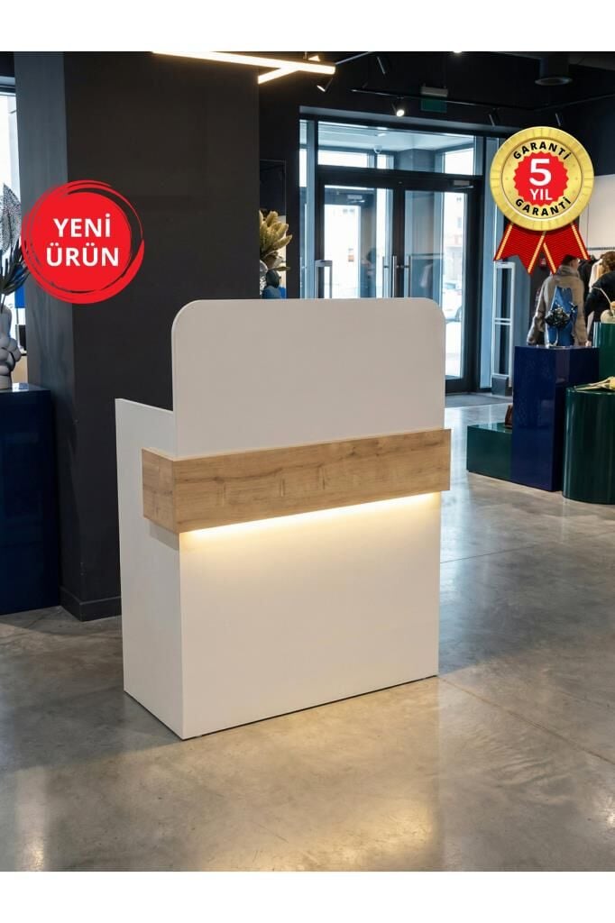 Ledli Karşılama Bankosu Kasa Bankosu, Kasa Resepsiyon Masası Beyaz-Safir 90 cm | Telmos