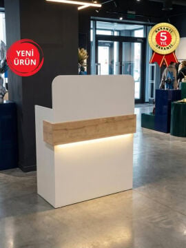 Ledli Karşılama Bankosu Kasa Bankosu, Kasa Resepsiyon Masası Beyaz-Safir 90 cm | Telmos