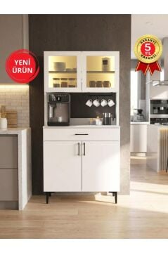 Prien Kapaklı & Çekmeceli Kahve Köşesi, LED’li Mutfak Dolabı & Çok Amaçlı Dolap Beyaz 90 cm