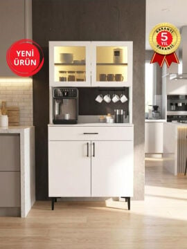 Prien Kapaklı & Çekmeceli Kahve Köşesi, LED’li Mutfak Dolabı & Çok Amaçlı Dolap Beyaz 90 cm