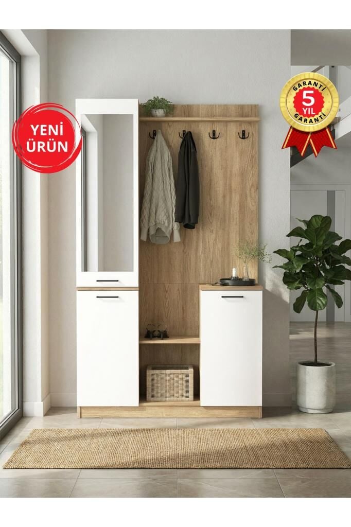 Aynalı Portmanto, Vestiyer Portmanto Ayakkabılık 120 cm Sepet - Beyaz | Rodos