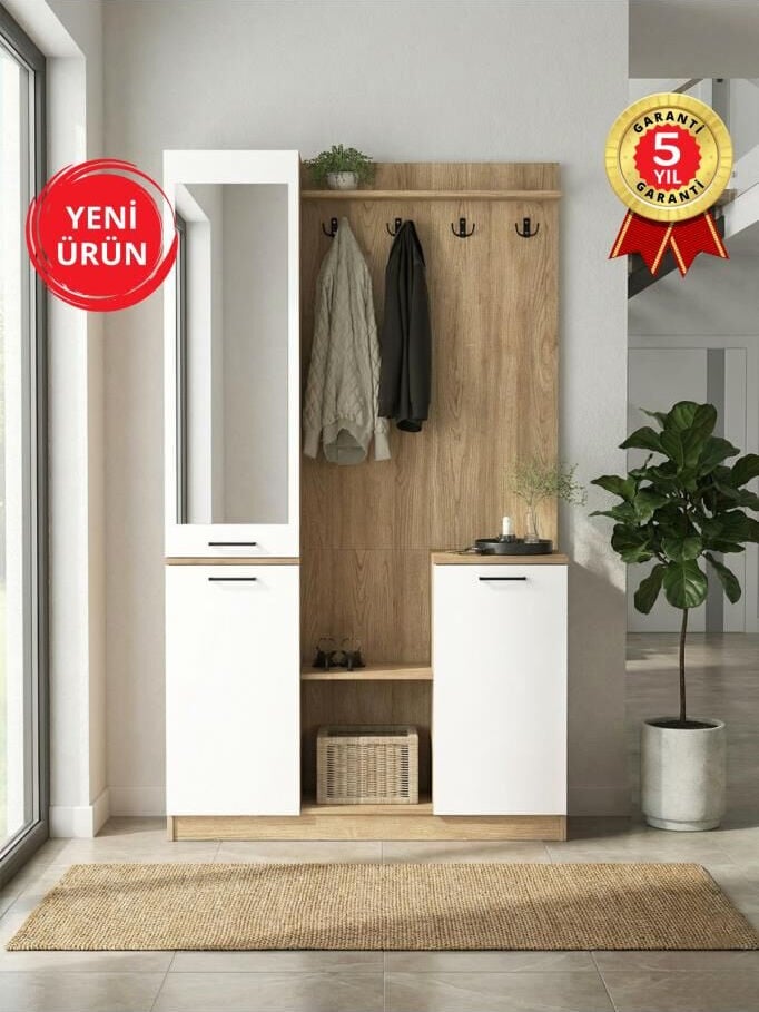 Aynalı Portmanto, Vestiyer Portmanto Ayakkabılık 120 cm Sepet - Beyaz | Rodos