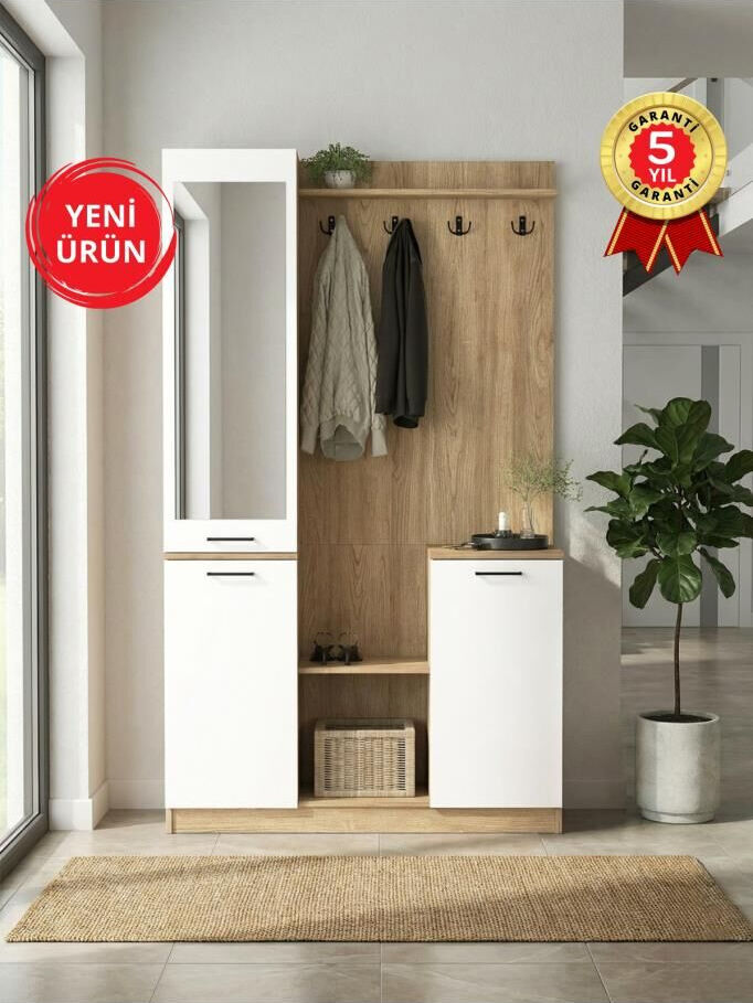 Aynalı Portmanto, Vestiyer Portmanto Ayakkabılık 120 cm Sepet - Beyaz | Rodos