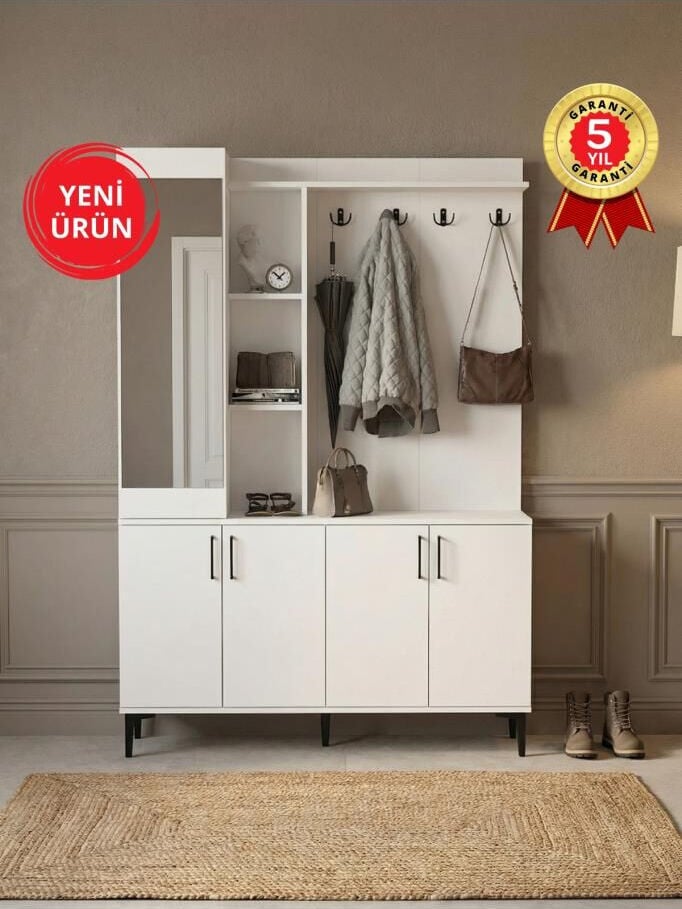 Aynalı Portmanto, Vestiyer Portmanto Ayakkabılık 135 cm Beyaz | Parion