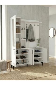 Aynalı Portmanto, Vestiyer Portmanto Ayakkabılık 135 cm Beyaz | Parion