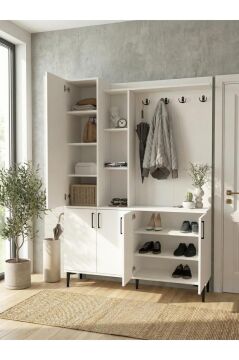 Aynalı Portmanto, Vestiyer Portmanto Ayakkabılık 135 cm Beyaz | Parion