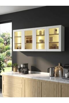 4 Kapaklı Temperli Camlı Çok Amaçlı Dolap, Led Işıklı Dolap Üstü Ek Modül Beyaz | Pesinos