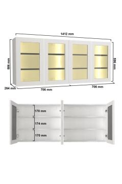 4 Kapaklı Temperli Camlı Çok Amaçlı Dolap, Led Işıklı Dolap Üstü Ek Modül Beyaz | Pesinos