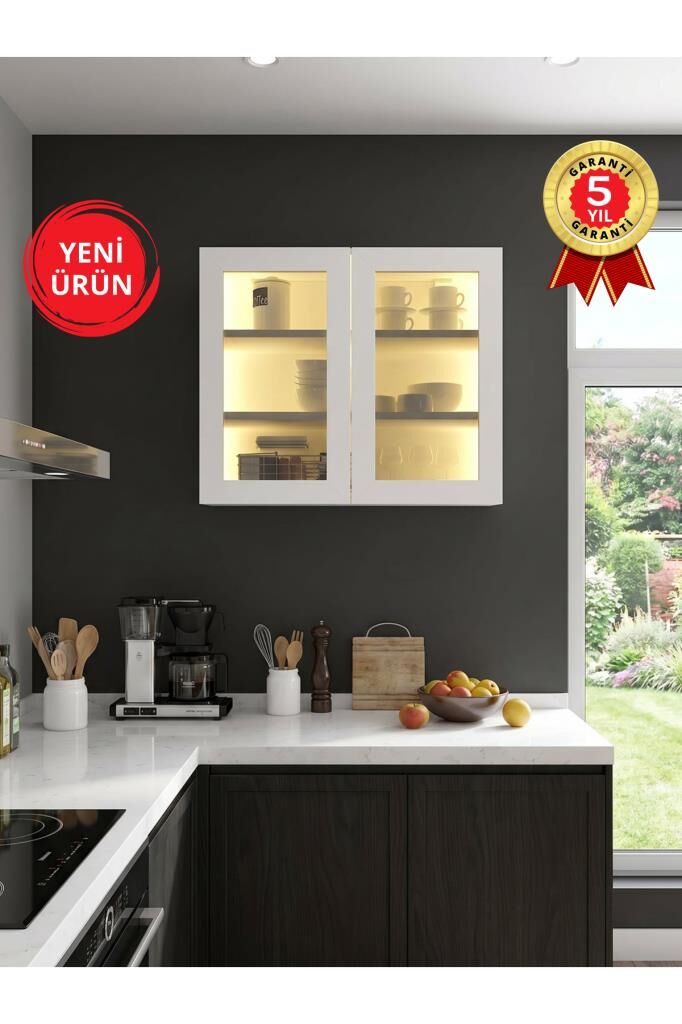 2 Kapaklı Temperli Camlı Çok Amaçlı Dolap, Led Işıklı Dolap Üstü Ek Modül Beyaz | Pesinos