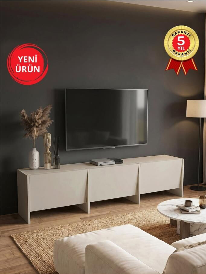 Tv Sehpası 186 cm 3 Kapaklı Tv Sehpası, 3 Kapaklı Tv Ünitesi, Televizyon Sehpası 186 cm Kumtaşı-Traverten | Hitit